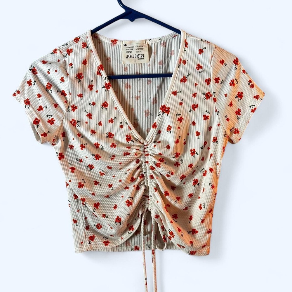 French Pastry Vintage Y2K Floral Tie Front Crop Top White Red Small Coquette